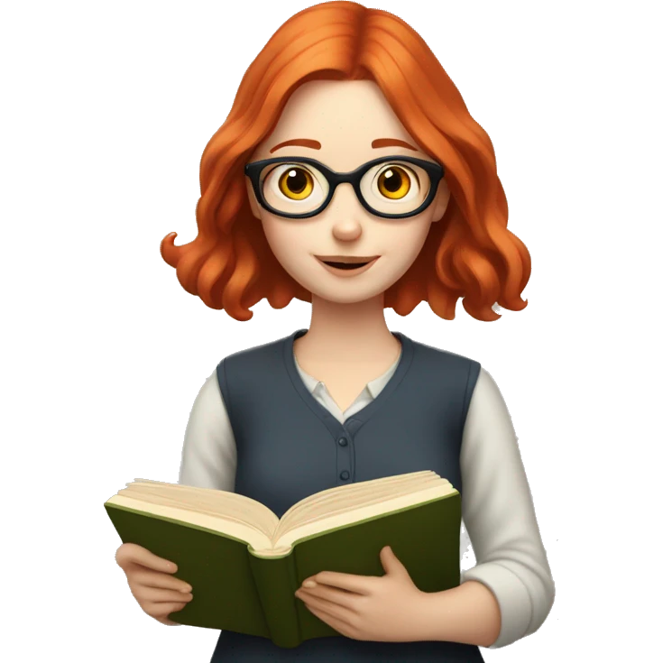 Pale girl with red hair and glasses reading a book emoji