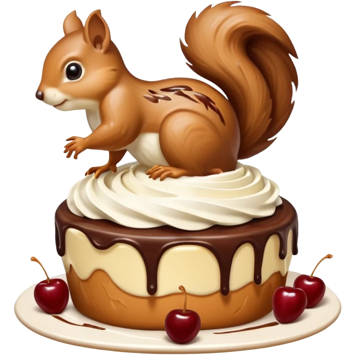 A large caramel custard decorated with chocolate and almonds to resemble a squirrel. Whipped cream with streaks of chocolate forms the shape of the squirrel's tail. It is topped with a cherry. emoji