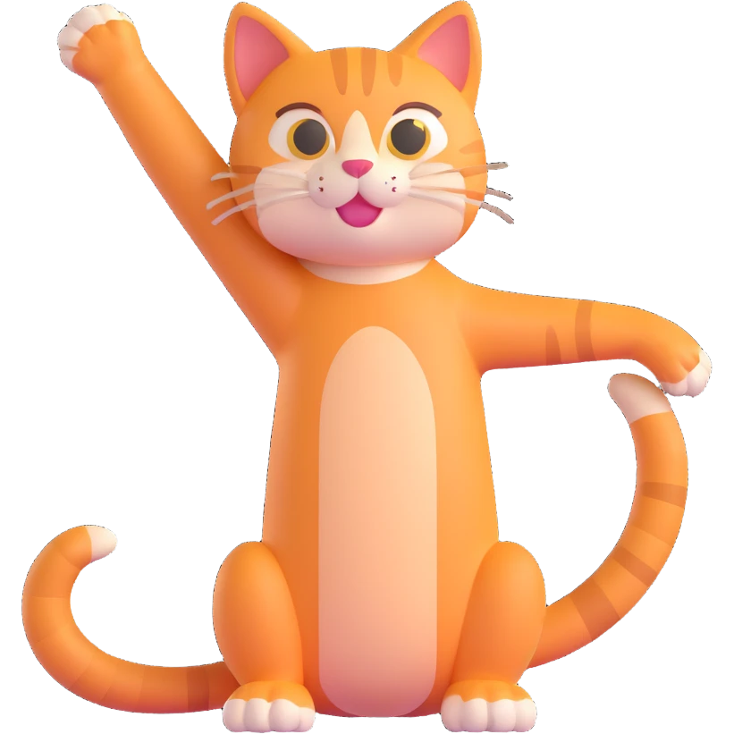 3D style cat, stretching, friendly expression emoji