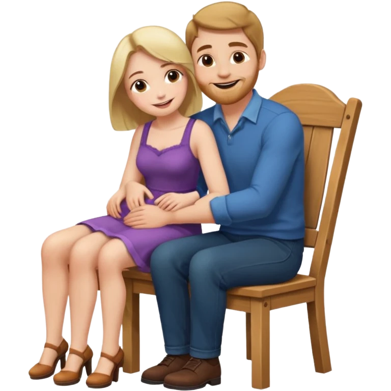 A woman sitting on a man's lap straddling him on an armless wooden chair.face to face  emoji