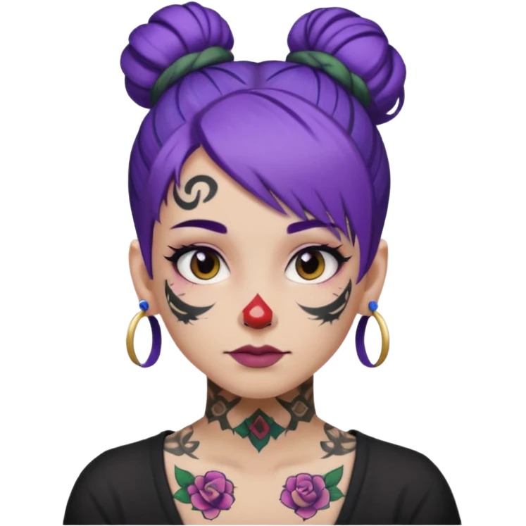 purple hair bun and lots of face tattoo emoji