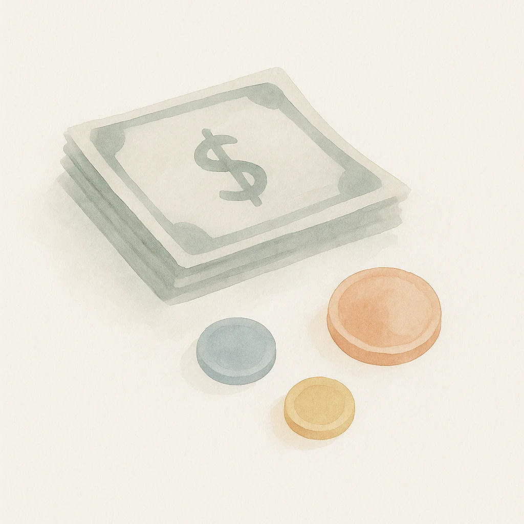 money, cash, dollar bills, coins, wealth in watercolor art style emoji