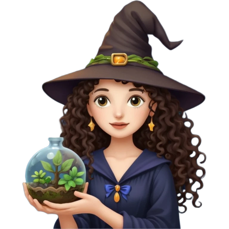A long curly haired brunette girl with a moon, witch hat, holding a plant terrarium emoji