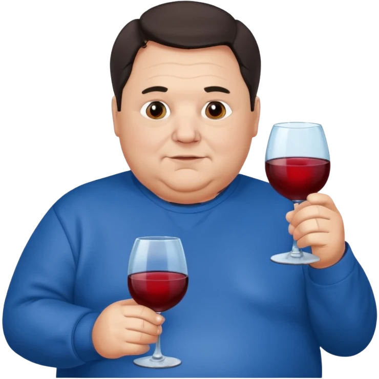 Older obese man dark hair blue sweatshirt holding wine emoji