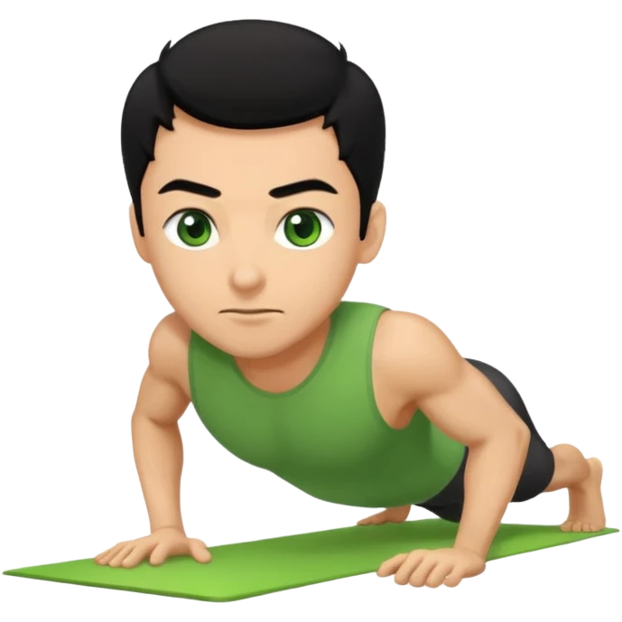Man with black hair, green eyes doing push ups emoji