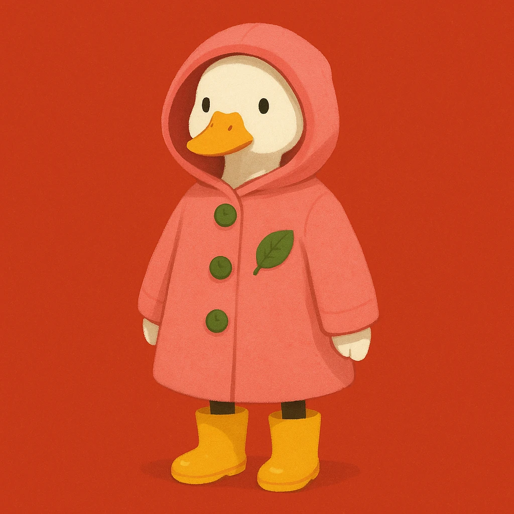 A duck wearing a pink hooded coat with green buttons and a green leaf on the chest, and yellow boots. The background is plain and red. emoji