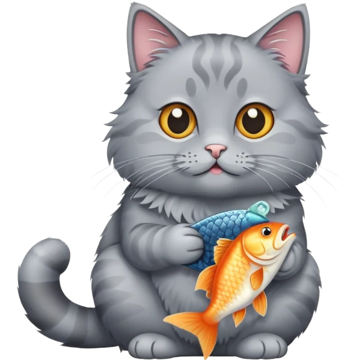 gray cat sitting and eating a fish emoji