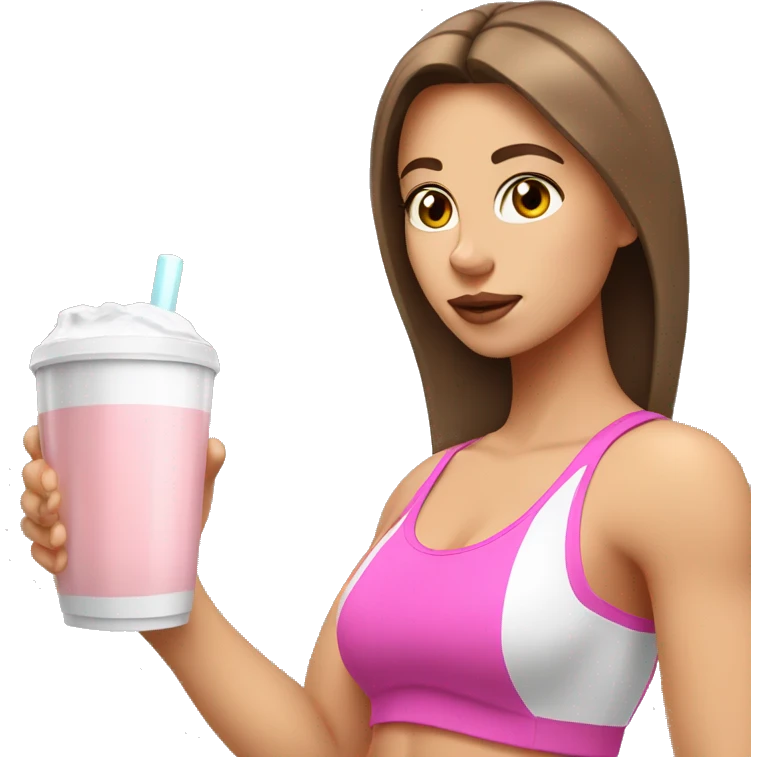 Brown haired white girl in pink croptop drinking protein shake emoji