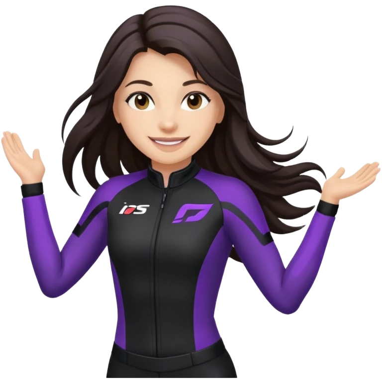 brunette long hair woman with black racing outfit with single purple strips on arms emoji