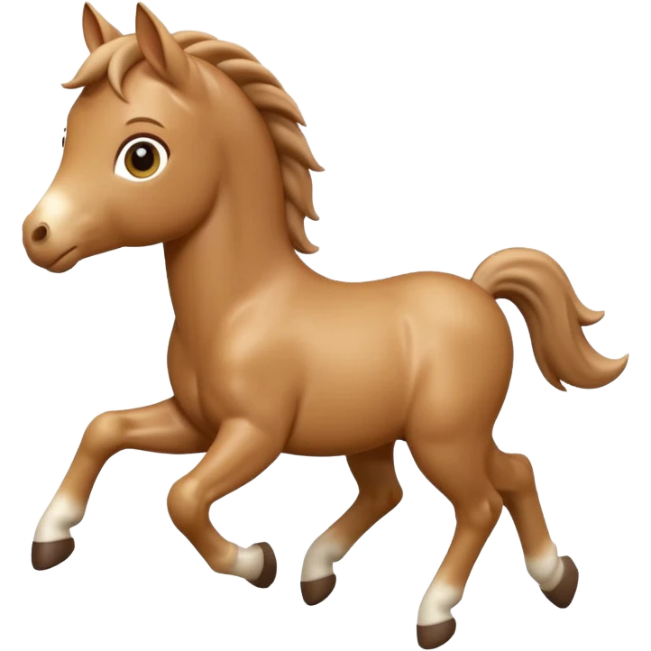 3D Apple-style emoji of a running foal. Small young horse with light brown body, short mane, big eyes, rounded and glossy, smooth shading, white background.

 emoji