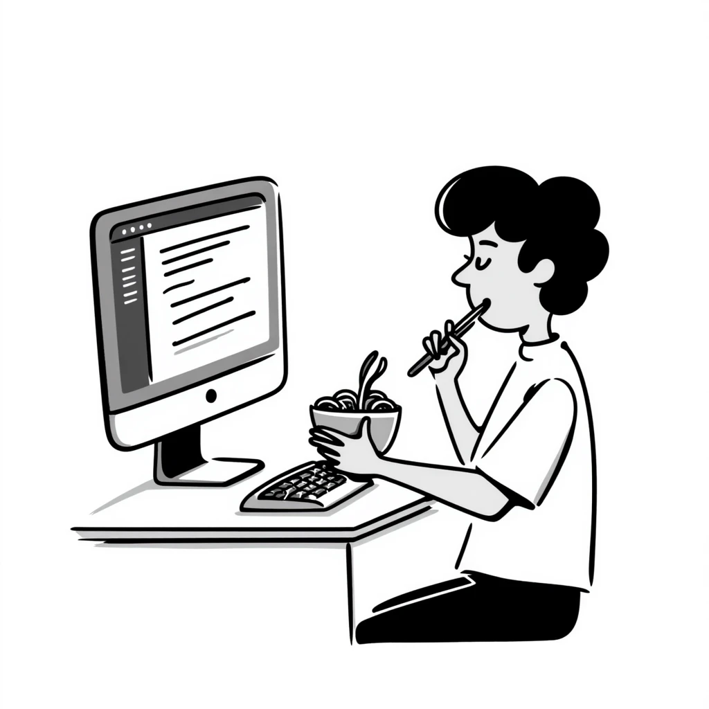 super programmer eating noodles while coding, hand drawn style, casual and fun emoji