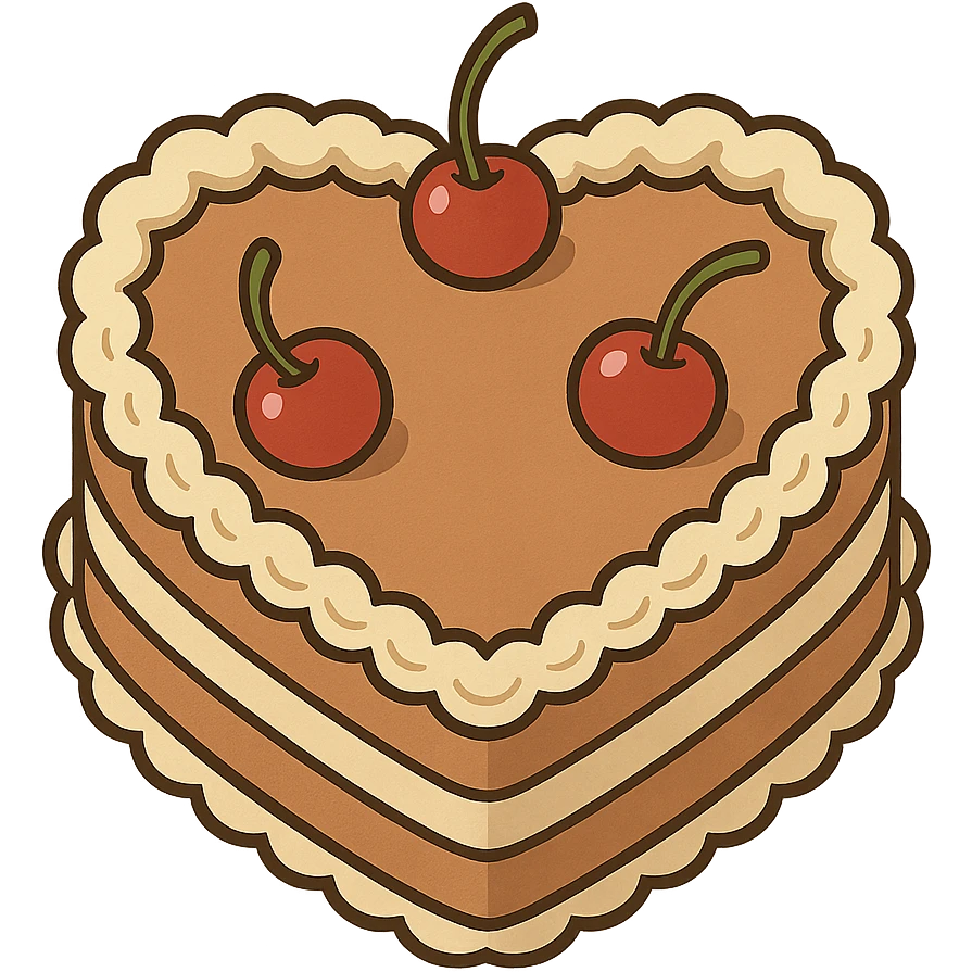 flat toon heart-shaped vintage-style cake with cherries emoji