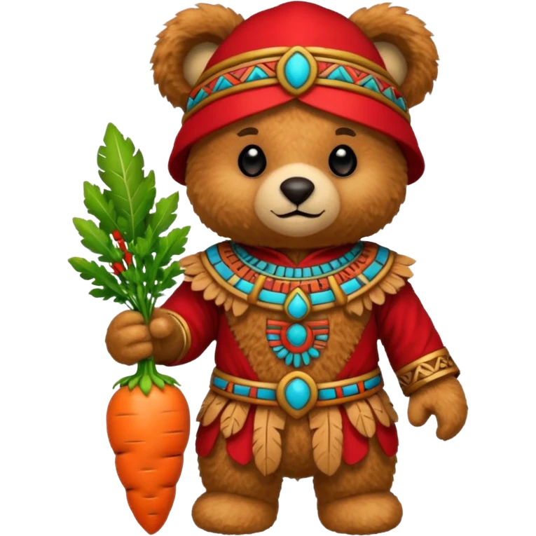 teddy bear, wearing red mayan ancient custome, with carrot half body emoji