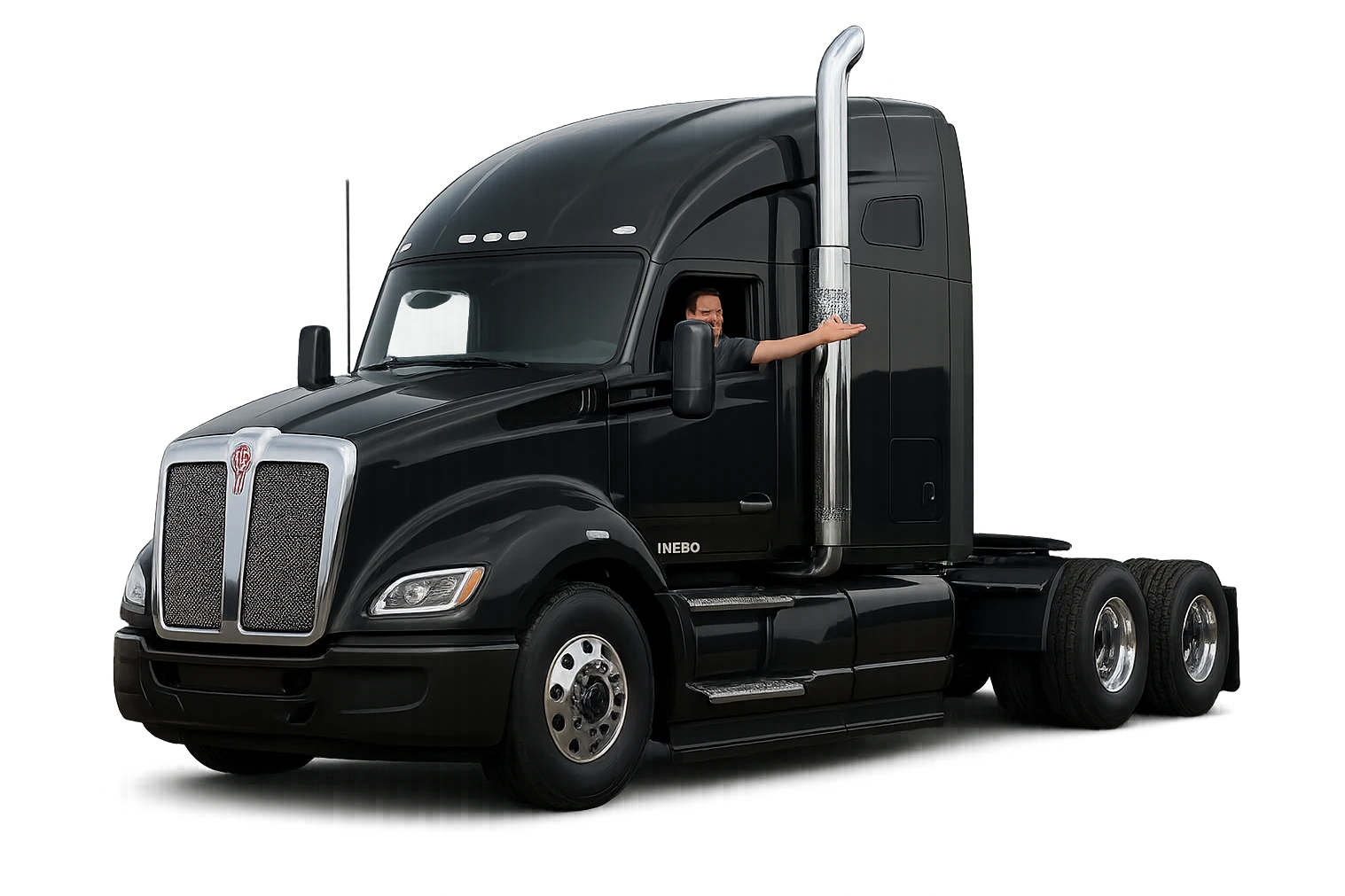 A black 2026 Kenworth W680 semi sleeper truck with chrome stack, a person in the truck with their arm out the window, clear details, modern and clean look, transparent background emoji