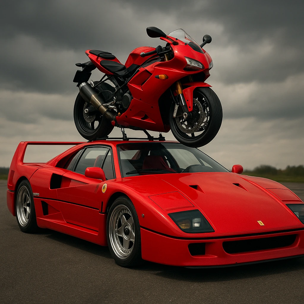 A realistic F40 with a vivid red motorcycle on its roof, dramatic angle. emoji