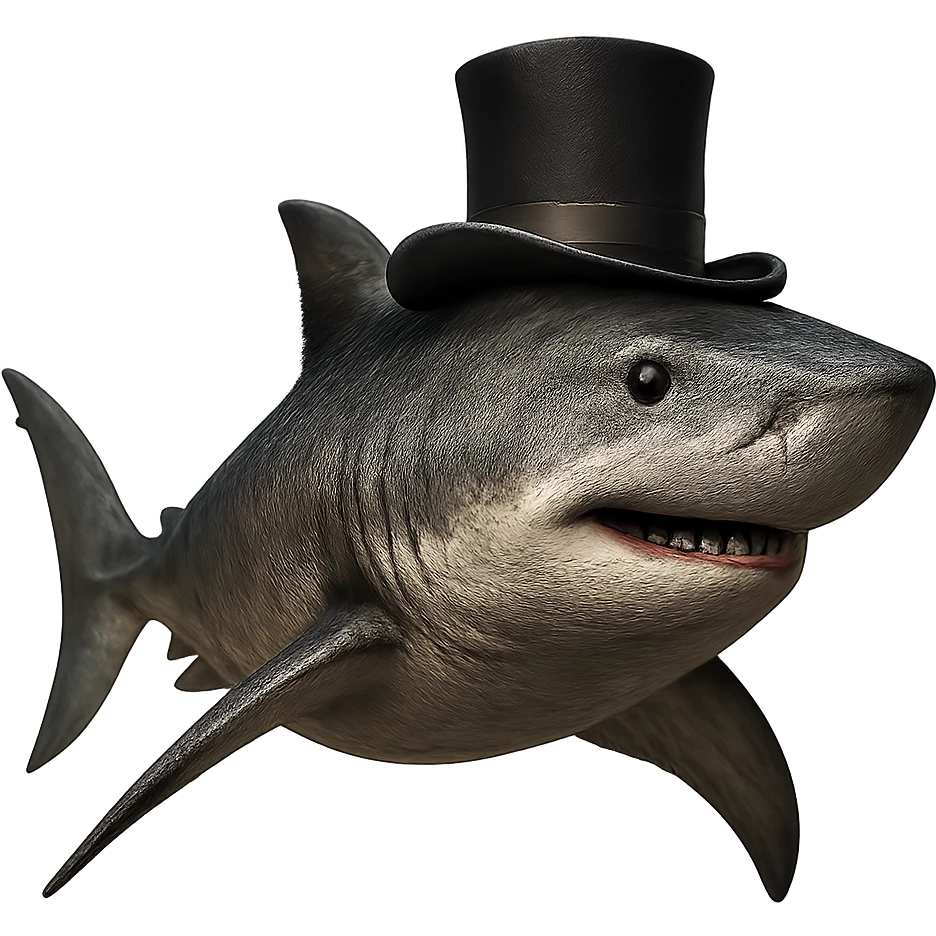 Make this shark with a top hat look more realistic with detailed textures, natural shark colors, and realistic lighting. Keep the top hat and remove the background. emoji