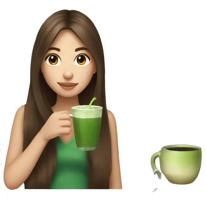 Girl with long brown hair drinking matcha emoji