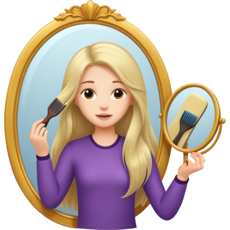 a beautiful girl combing his long hair in front of mirror. emoji