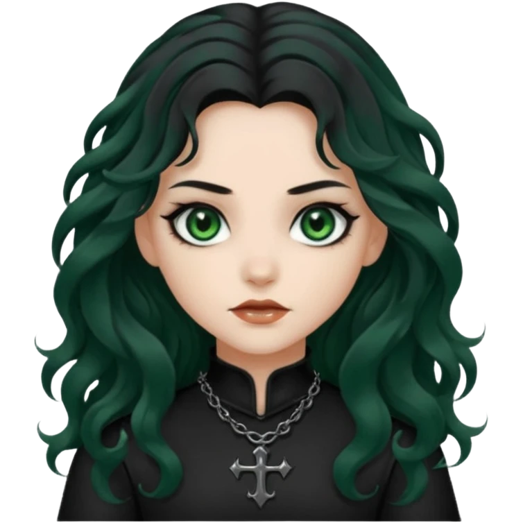 Crea una ragazza con stile black metal, capelli neri mossi lunghi e occhi verde scuro emoji