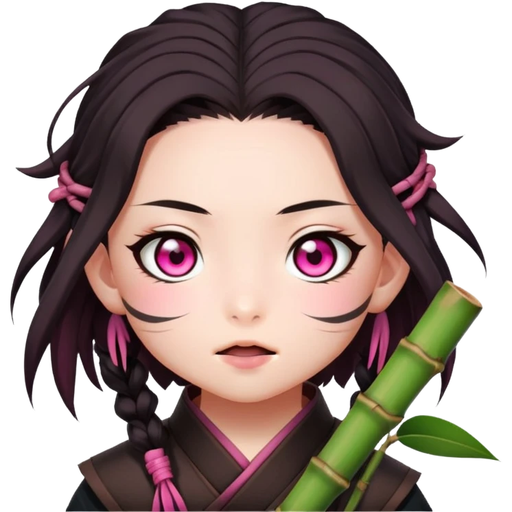cute Nezuko from Demon Slayer with bamboo muzzle in her mouth and pink eyes emoji