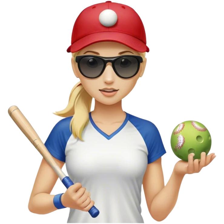 Woman with blond hair in a ponytail wearing a baseball cap and sunglasses holding only one pickleball emoji