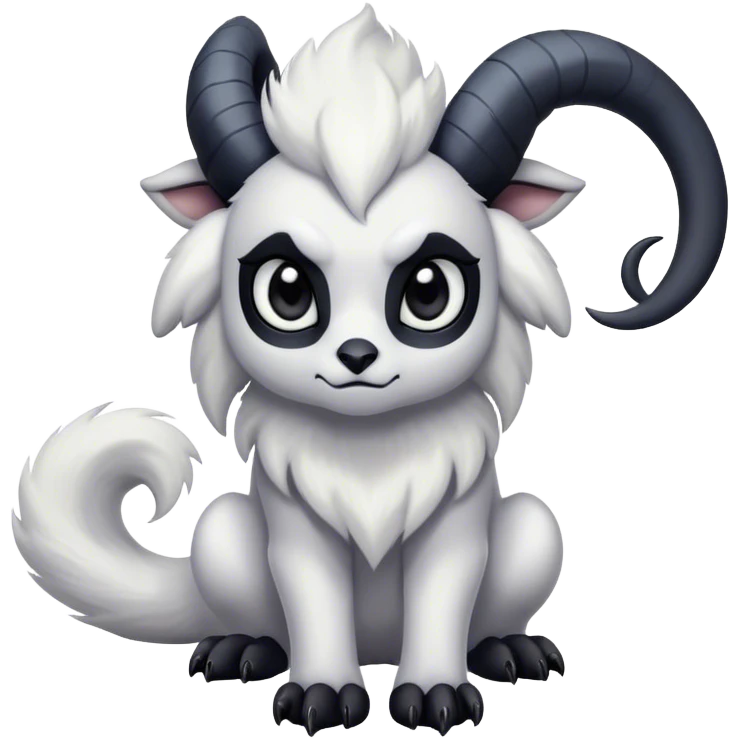Absol, black thick horns, black, long tail, black eyes, white fur, black claws, cute big eyes, adorable  emoji