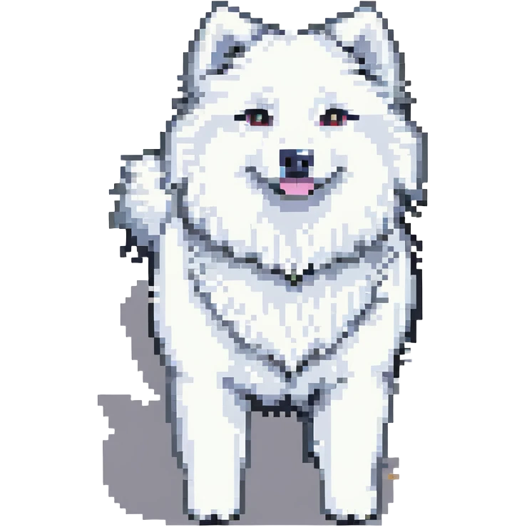 A pixel art Samoyed dog, standing, facing left, white fur, black eyes, playful pose, simple background. emoji