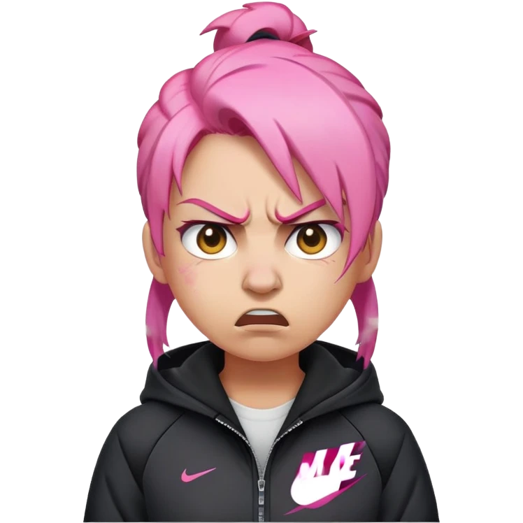 angry emoji with steam coming out of nose, pink hair, wearing black Nike jacket, light skin tone emoji