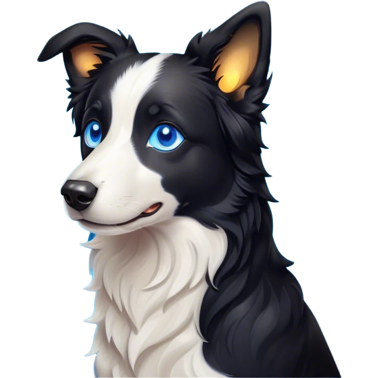 Cinematic Cute Border Collie Portrait Emoji, Head tilted playfully and inquisitively, with a sleek black and white coat and bright, sparkling blue eyes filled with curiosity, Simplified yet irresistibly adorable features, highly detailed, glowing with a warm, friendly glow, high shine, energetic and affectionate, stylized with a touch of whimsy, bright and endearing, soft glowing outline, capturing the essence of a mischievous yet loving pup, so playful it feels like it could bound out of the screen and into your arms! emoji