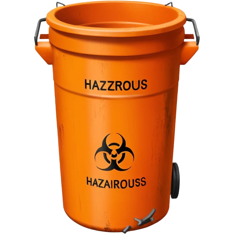 empty orange BIN WITH "HAZARDOUS" WORD IN IT. CORRECT SPELLING PLEASE emoji