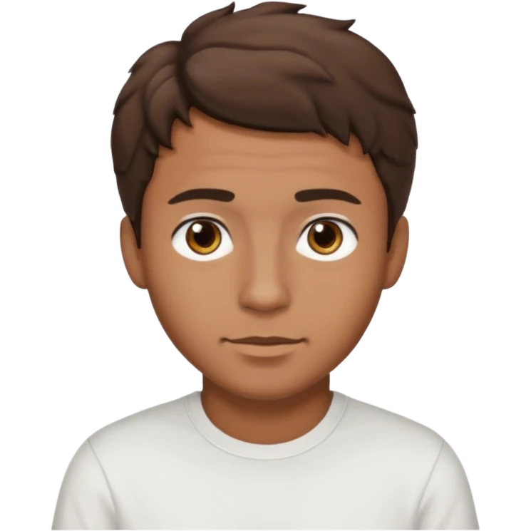 Homme brun cheveux court ondulé. Métisse. Yeux marrons très foncé. Avec t-shirt blanc emoji