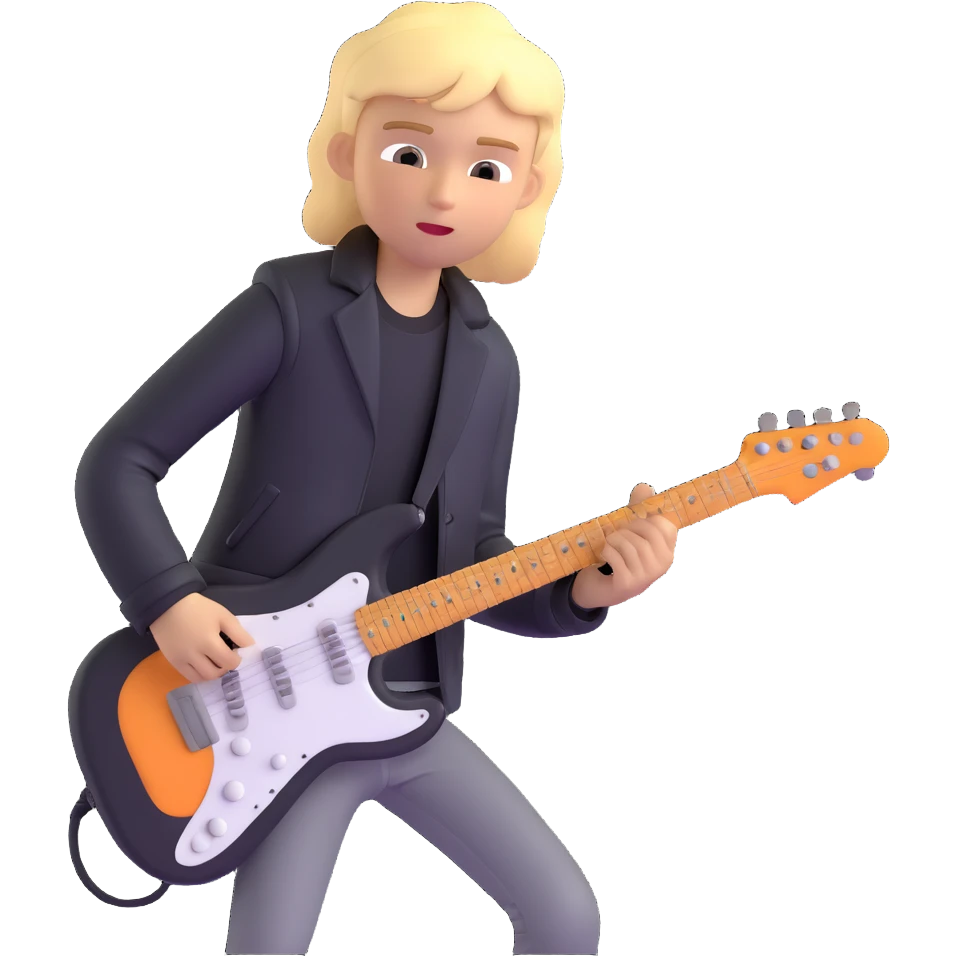 young blonde boy in a black jacket playing an electric guitar emoji