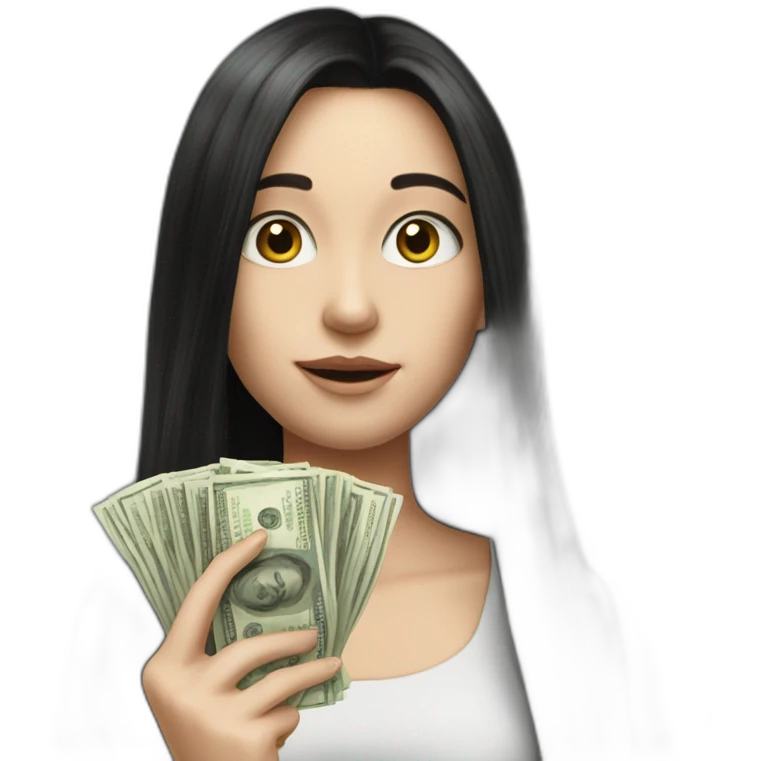 hyperrealist caucasian girl black long hair holding money emoji
