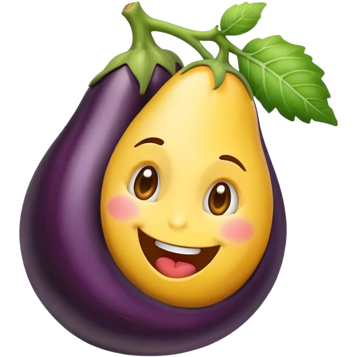 Un emoji heureux qui passe sa langue de droite à gauche avec une aubergine à côté  de lui avec une tête ronde  emoji