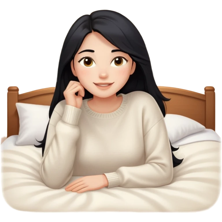 A woman with longer black hair, light to medium skin tone, full cheeks, and almond-shaped eyes, wearing a simple white sweater, lying comfortably on a bed with soft lighting, joyful and radiant expression emoji