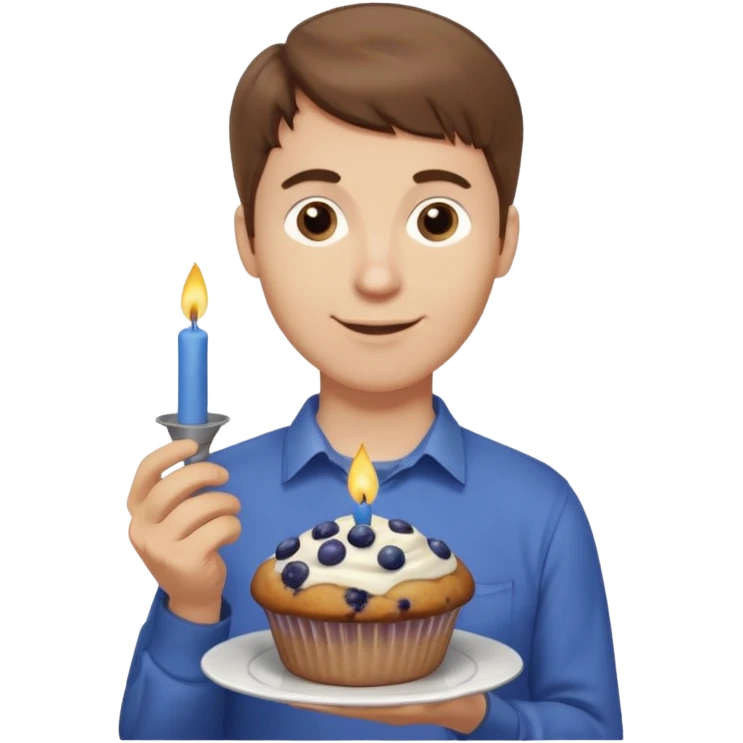 Make a white man with brown hair wearing a shirt that says happy b day Virginia holding a blueberry muffin with a birthday candle in it. Have him holding multiple muffins and no candles in hand emoji