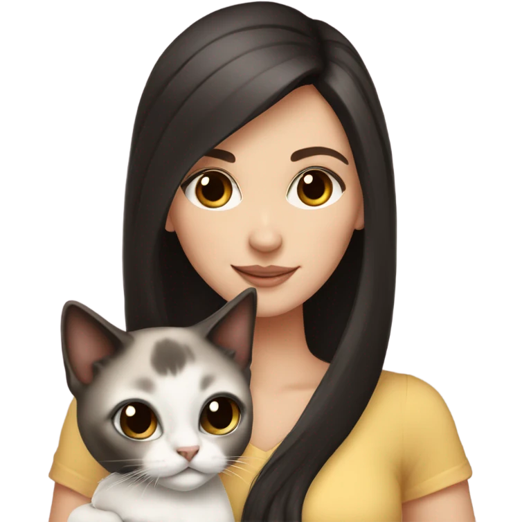 Pretty white girl with dark hair is holding a Siamese kitten emoji