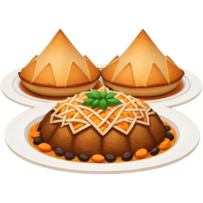 Uzbek cuisine humanless avatar in bright illustration. Classic dishes like plov and samsa, warm golden and earthy tones, simple shapes, flat design, high contrast, friendly and appetizing. emoji