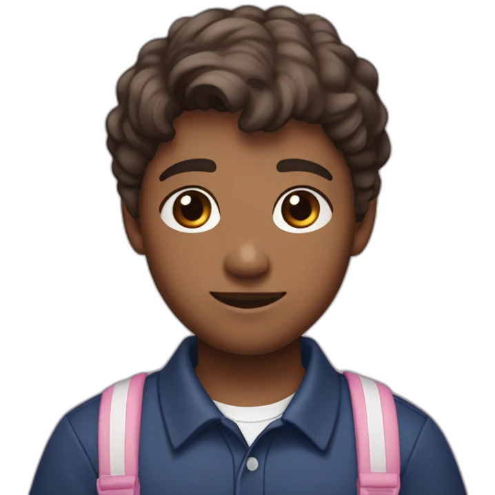 white 14 year old boy with a low taper fade brown/black hair dark brown amber eyes dark blue polo shirt saying st francis, pink, white skin hlding a phone and has straing har emoji