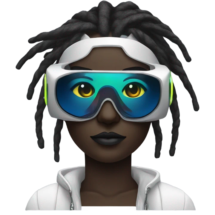 cyberpunk woman, black skin, white dreadlocks, wearing RGB vr headset, (eyes covered:1.2), bright colours emoji