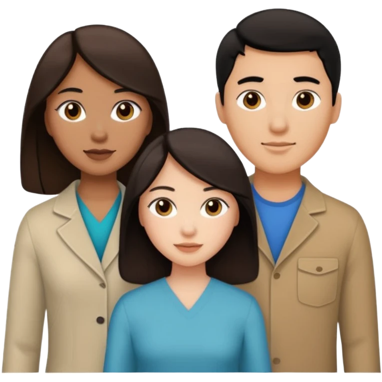 three people, one white girl with brown hair, one hispanic man with dark hair, and one tan asian woman with black hair, as a poly couple emoji emoji