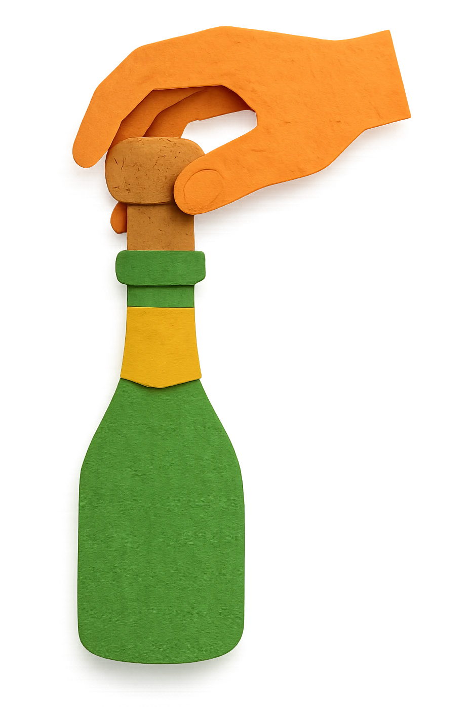 sparkling wine opening step 3: holding cork with hand and slowly twisting, realistic light green champagne bottle color, no background emoji