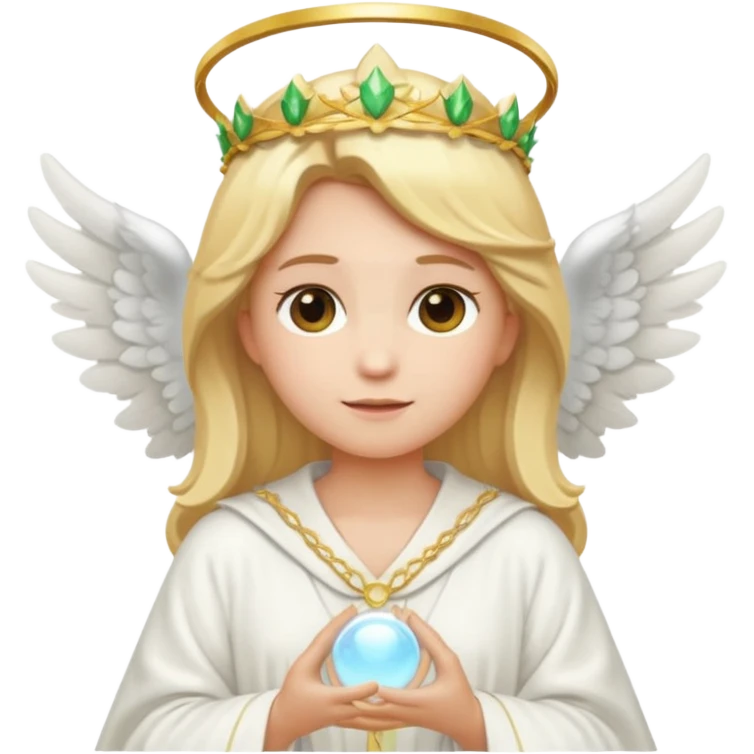 Emoji-style angel: blonde hair, laurel crown, halo, white wings, white robe, glowing orb, soft cute emoji look. emoji
