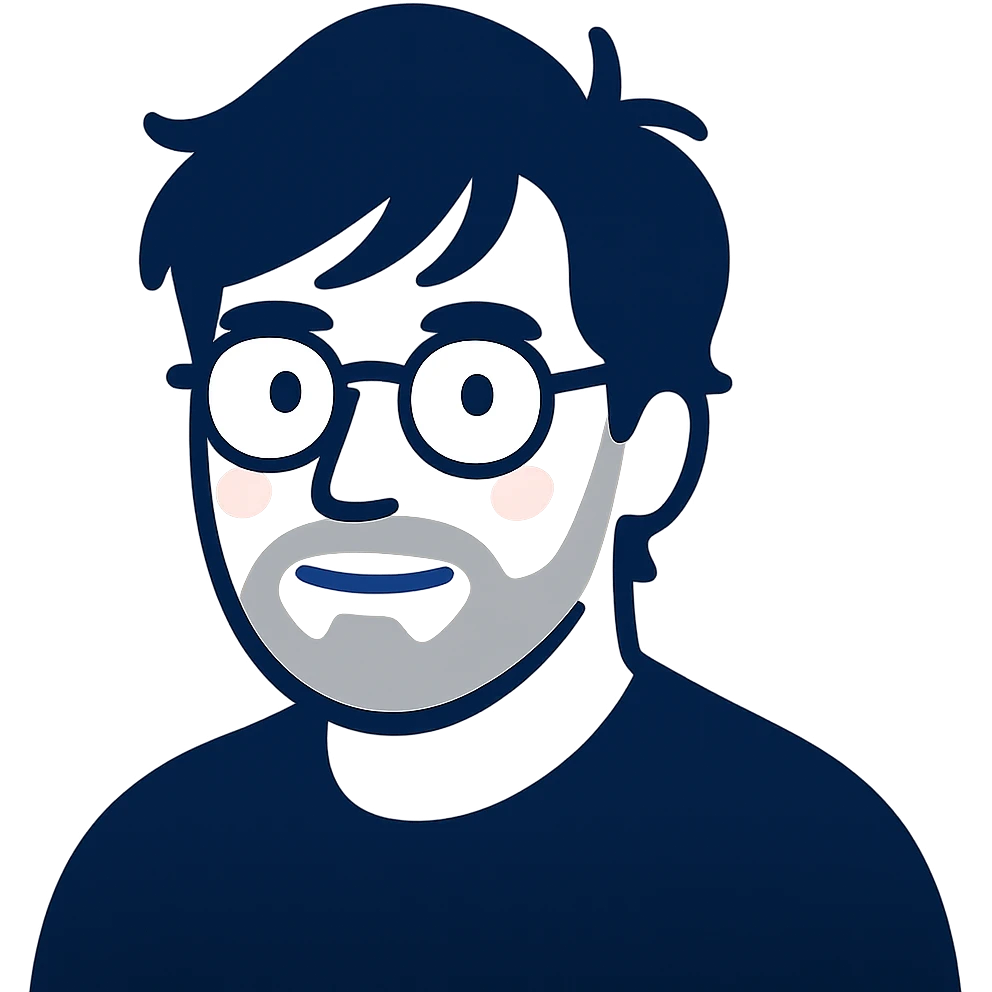 A man with round glasses, artfully messy longer hair with stylish sweeping bangs, a round but defined face shape, and a broader nose. Use deep navy blue for all the outlines and features, a touch of pink highlights only on the cheeks, and gray exclusively for the short beard and necessary shadows. emoji