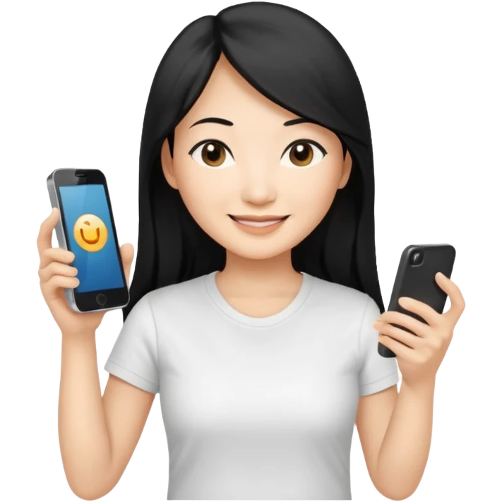 페르소나 요약 : 휴대폰을 보고 즐거워하는 여자, 40대의 편안한 차림(티셔츠)을 입은 장발의 아시아 여성이 한손으로만 휴대폰을 쥐고, 화면을 보면서 미소를 짓고 있어요. 시선은 휴대폰 화면으로 향하고 있어요. emoji