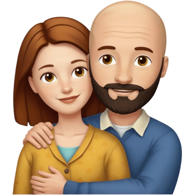 Couple. Bald man with dark brown-black beard. White woman with many small, faded freckles, she has white skin and she has auburn-yellow-brown-cinnamon, dark long hair. She has light brown eyes. The man have hazel eyes. Retro style. They hug. emoji