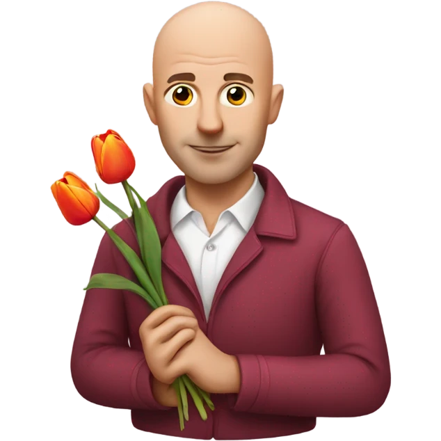 Bald man holding a tulip and fruit emoji