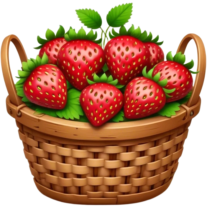 Cinematic ripe strawberrie, deep red, glossy with tiny seeds, green leaves still attached, gathered in a rustic basket, warm glowing background, fresh and sweet. emoji