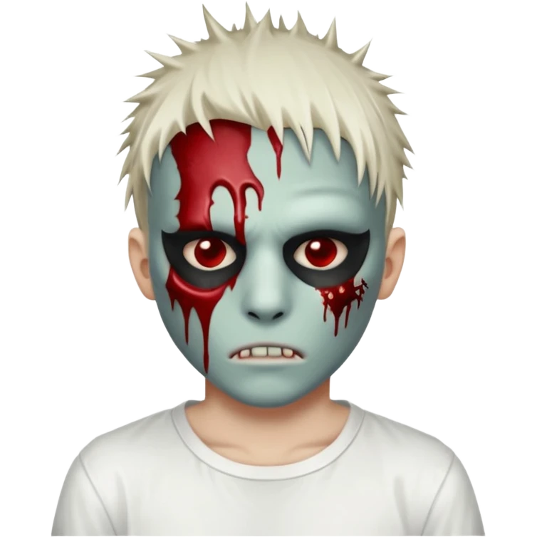 zombie boy with spiky emo hair and white shirt emoji and 

He wears an anonymous mask on half his face and has wounds on the other half. emoji