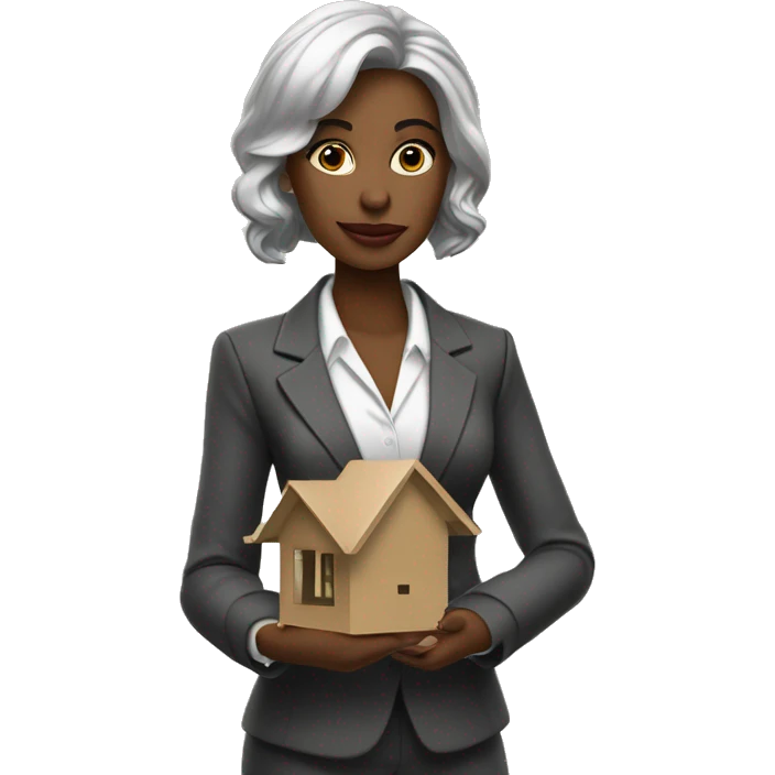 A stylish woman dressed in business attire, confidently holding a small model of a house or a real estate contract. She has a self-assured expression. The background is neutral emoji